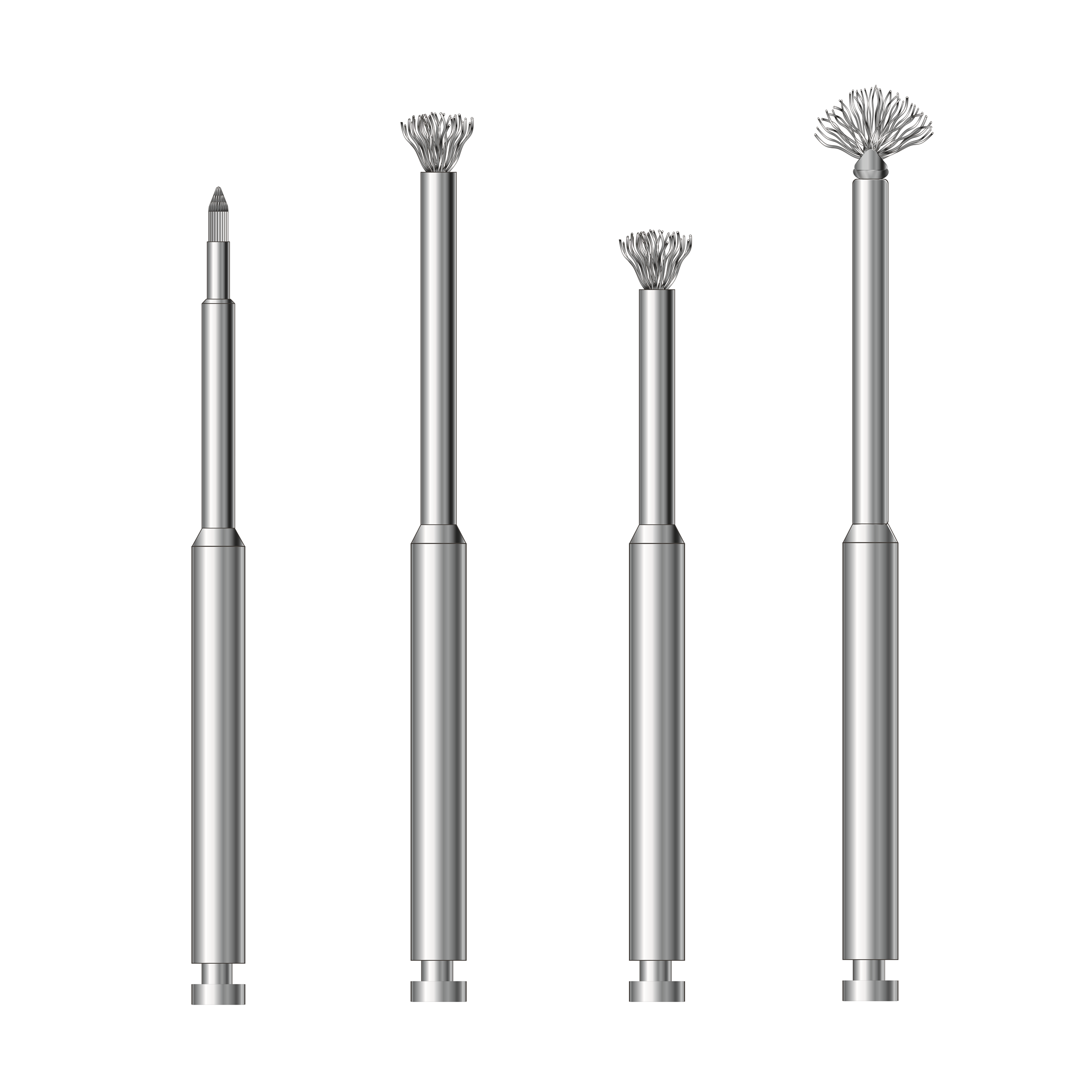 Titanium brush for peri-implantitis: the NiTi Brush NANO, POCKET, POCKET SHORT and OMEGA models at the same scale, by HANS Korea