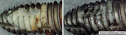 Lab test 13 — failed implant surface before and after debridement with the NiTi Brush